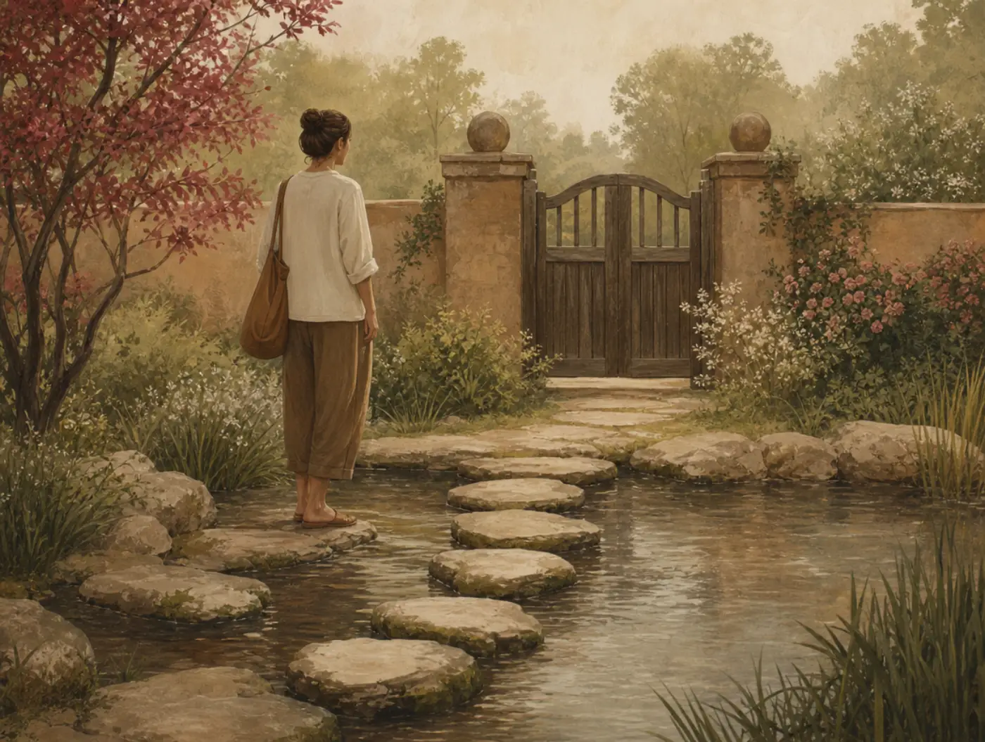 A woman gazes contentedly at a solid garden gate across a pond, while the uneven, half-submerged stepping stones she must cross first lie at her feet.