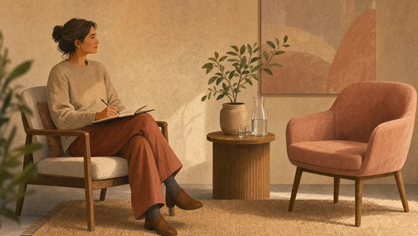 Illustration of a person in a waiting room with an open notebook facing an empty chair