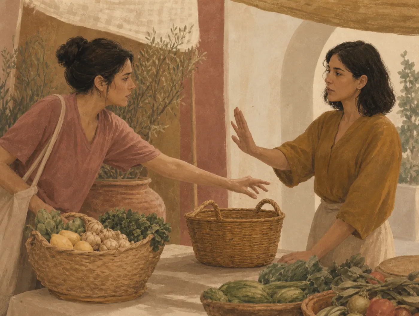 A shopper lunges for a basket the stallholder is blocking with a raised palm, though that basket is empty and her own beside her is already full.