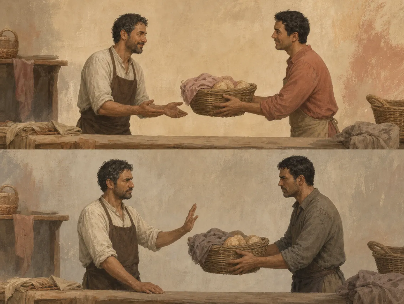 Two panels: a man gladly reaches for a basket of bread held out by a teammate; offered the identical basket by a rival in gray, he refuses it.