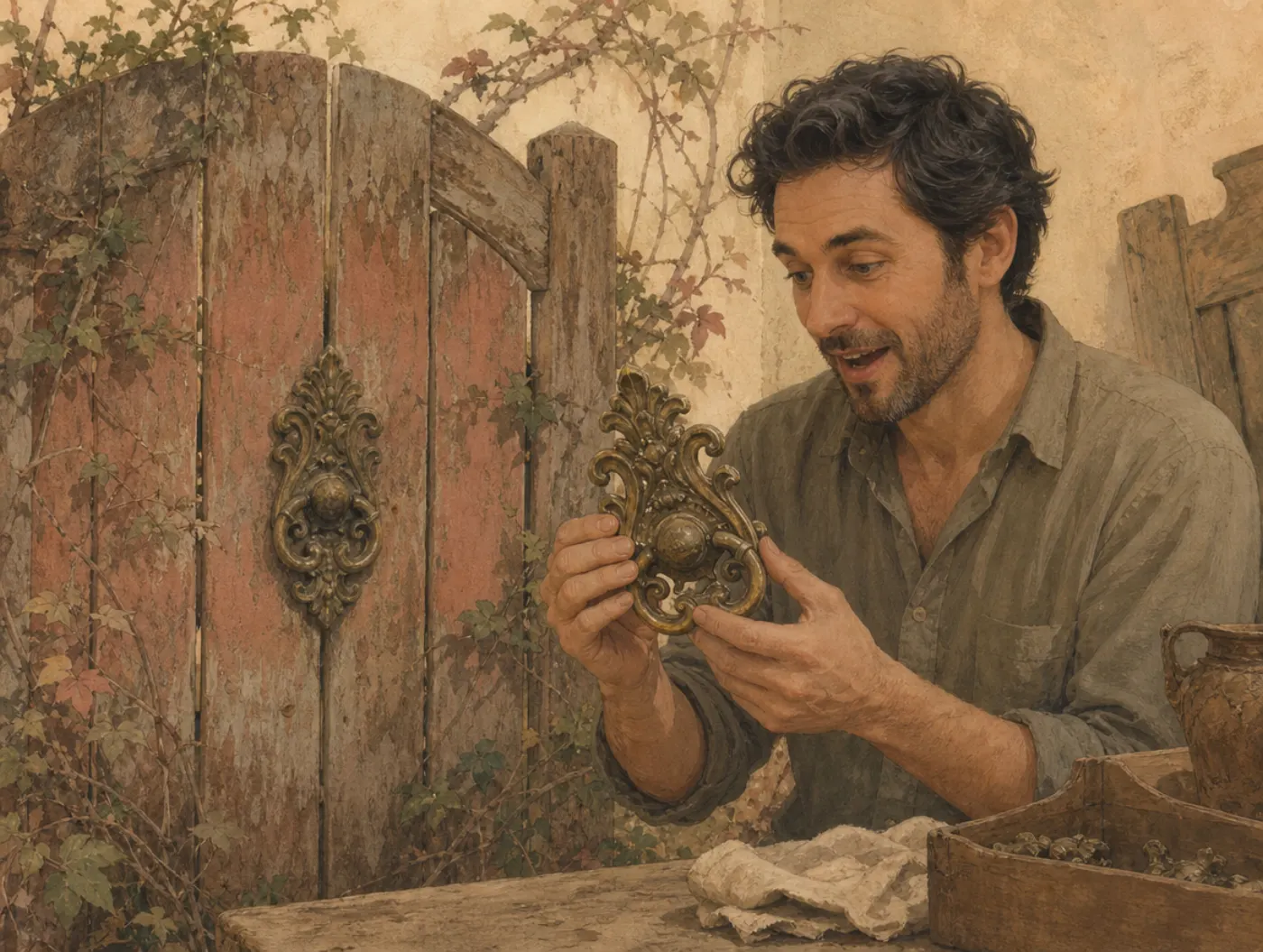 Recency illusion: new to him, old on the gate behind him A man marvels at an ornate brass gate fitting as if it were new, while the weathered old gate behind him, buried in vines, carries the same fitting.