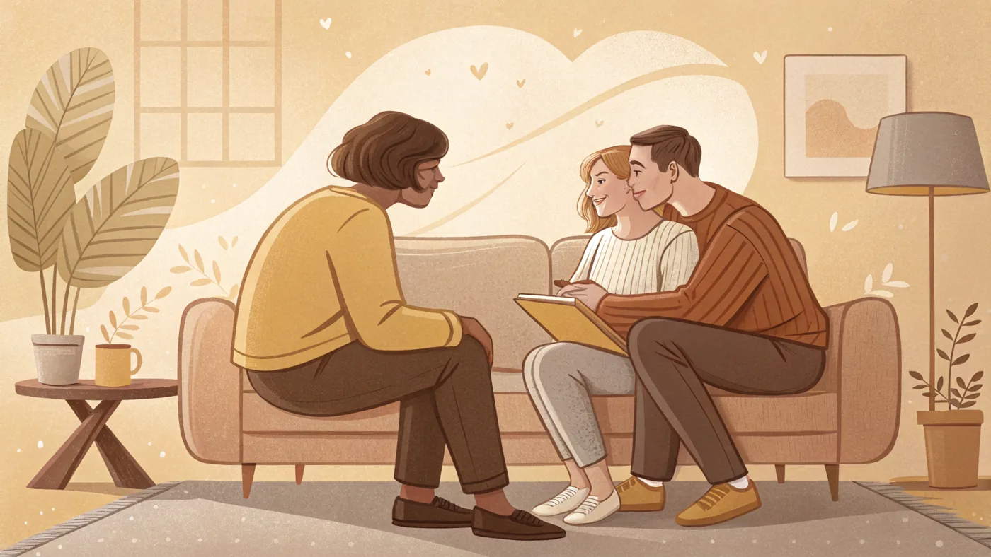 Illustration of a couple reconnecting through relationship counseling, rebuilding communication and trust.