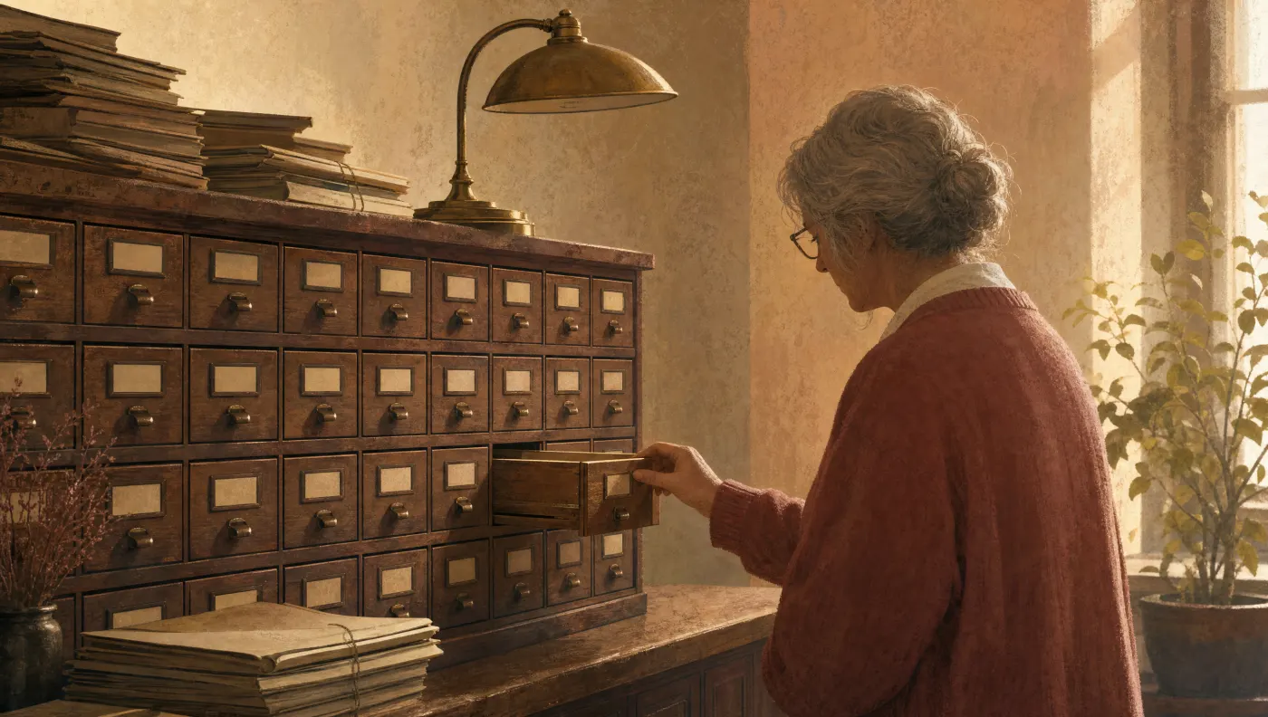 Illustration of a library card catalogue with rows of small wooden drawers, paper folders and a brass desk lamp