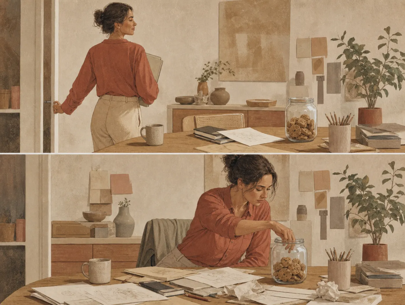 Two panels: a woman confidently leaves an open cookie jar on her desk as she heads out; later she sits there with her hand deep in the jar.
