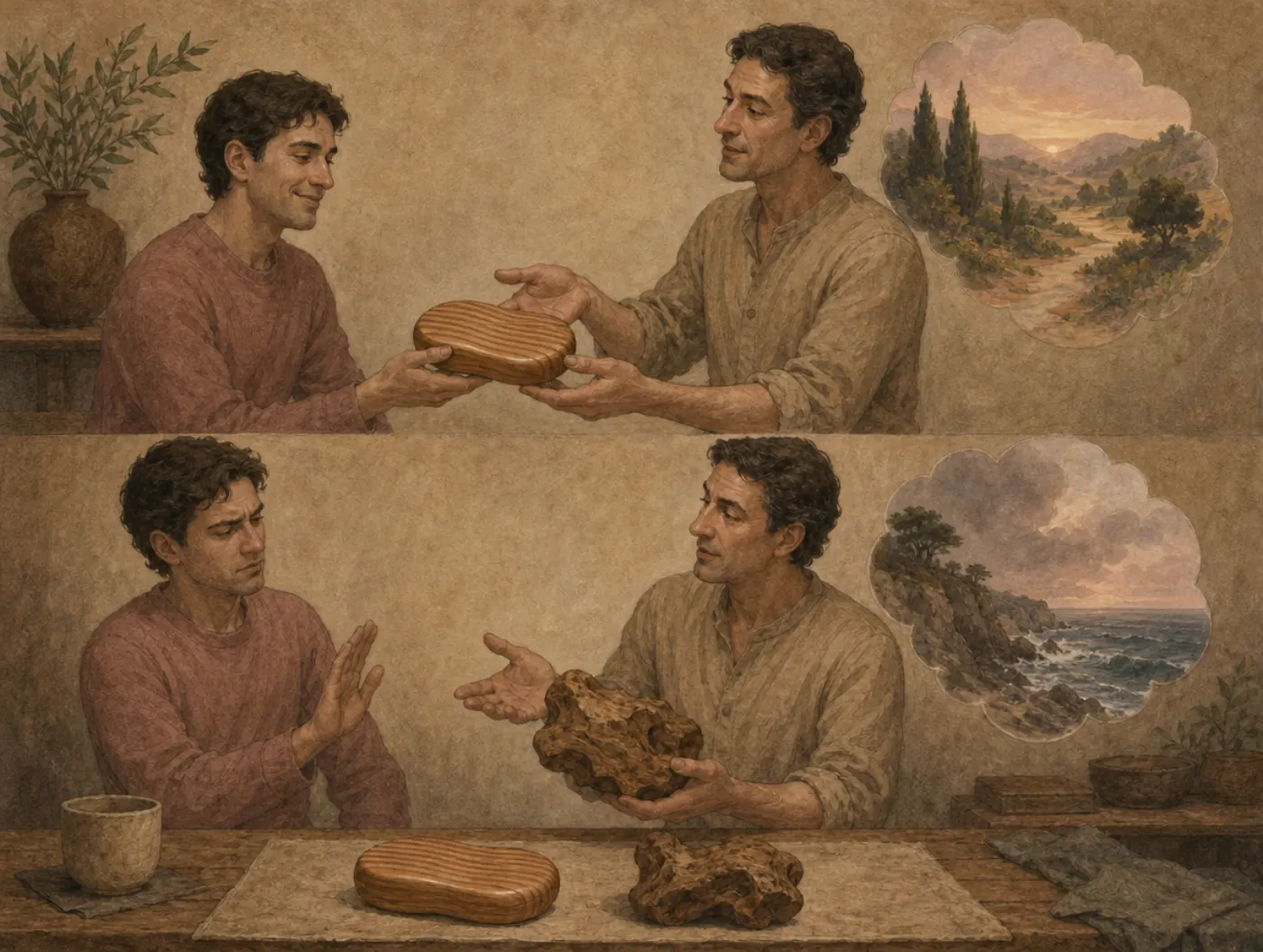 Two panels: a listener gladly accepts a smooth, evenly ridged wooden piece; offered a rough, irregular piece of the same wood, he waves it off.
