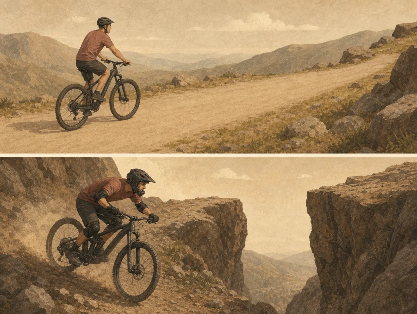 Risk compensation: more armor, a narrower line Two panels of one cyclist: in a light helmet he rides steadily down an open track; in full-face helmet and pads he charges at a narrow rock gap.