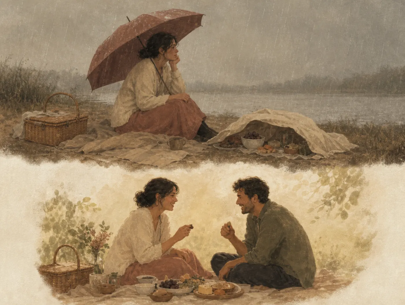 Rosy retrospection: the picnic kept the laughter and lost the rain Two panels: a woman waits under an umbrella in the rain beside a covered picnic; in her soft-edged memory, the picnic is a sunlit meal full of laughter.