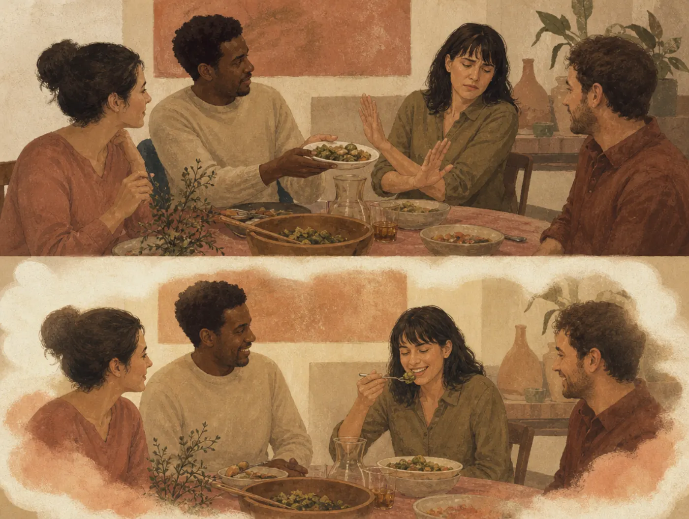 Self-consistency bias: she remembers always having liked it Two panels at one dinner table: a woman crosses her hands to refuse an unfamiliar dish; in a soft-edged memory below, she is happily eating it there.