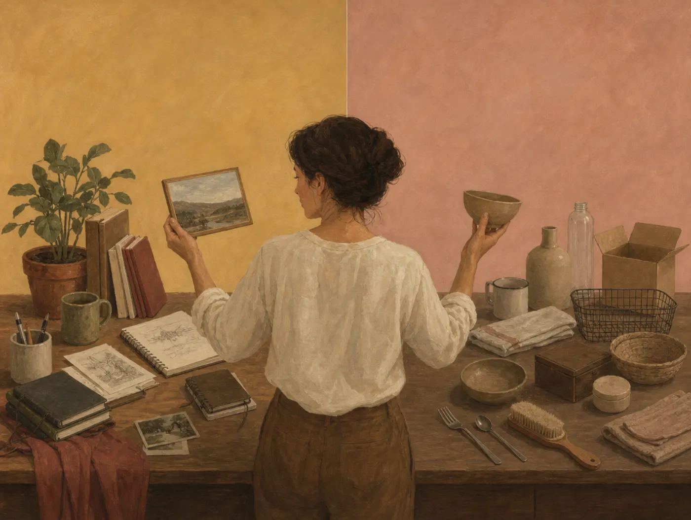 Self-relevance effect: the things judged against yourself are the ones kept A woman sorting a long table holds up a landscape she painted and an anonymous bowl, her own things to her left and plain household goods to her right.