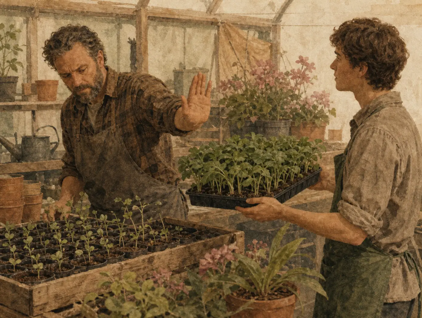 Semmelweis reflex: the better tray is refused unexamined A veteran gardener raises a flat hand to wave off a younger colleague's tray of thriving seedlings, his eyes fixed on his own weaker tray.
