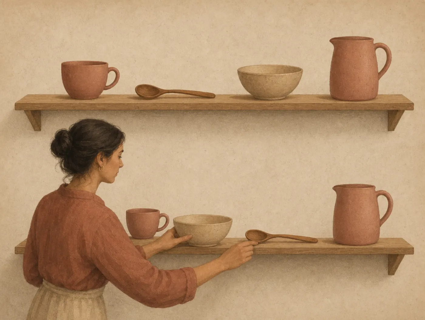 A top shelf holds a cup, spoon, bowl and jug in order; below, a woman reproducing the row has put the bowl before the spoon, the cup and jug in place.
