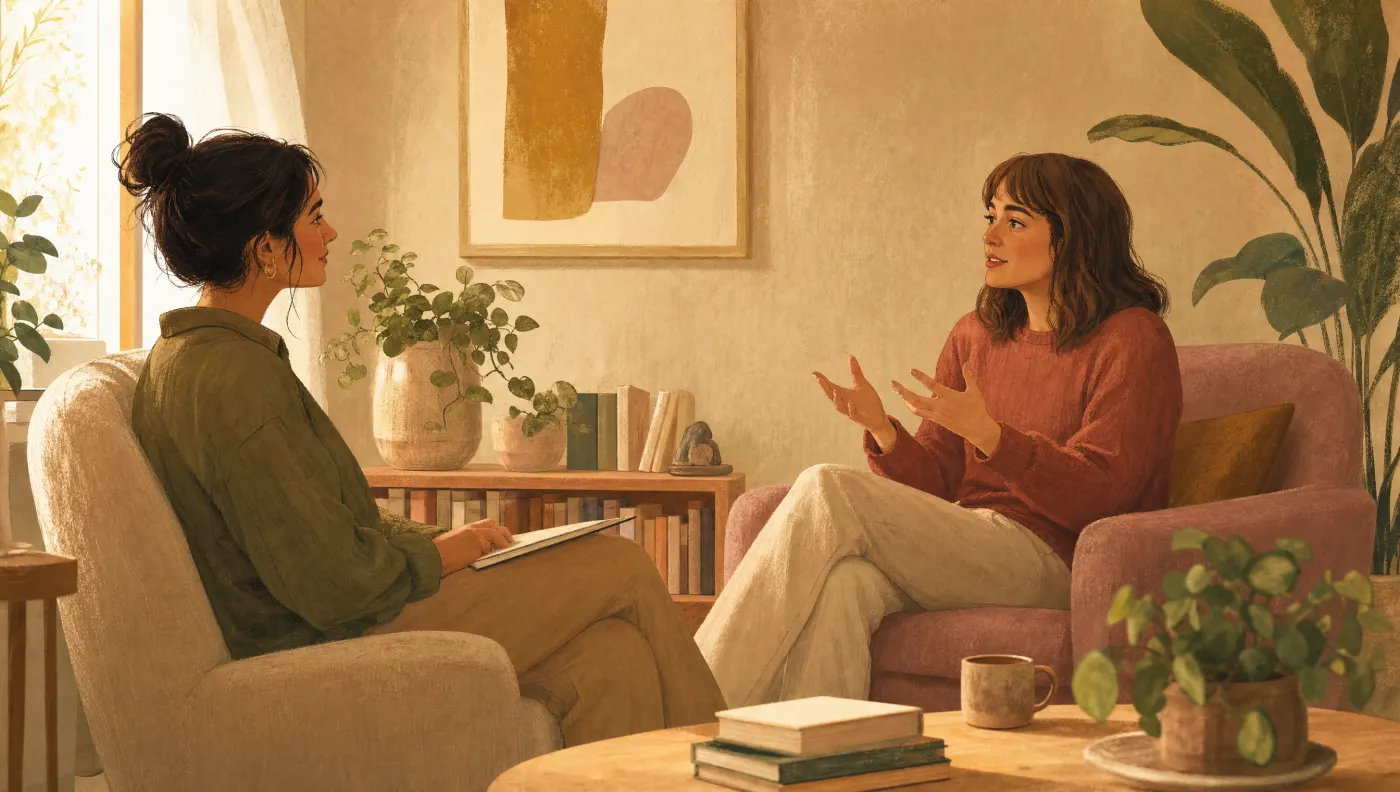 Illustration of two people in relaxed conversation in a warm room with plants and books