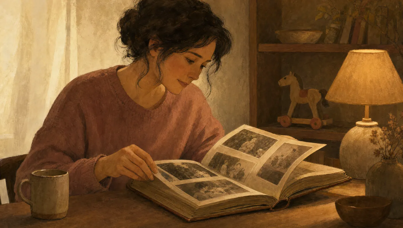 Illustration of an adult turning the pages of an old photo album with a wooden toy on the shelf behind