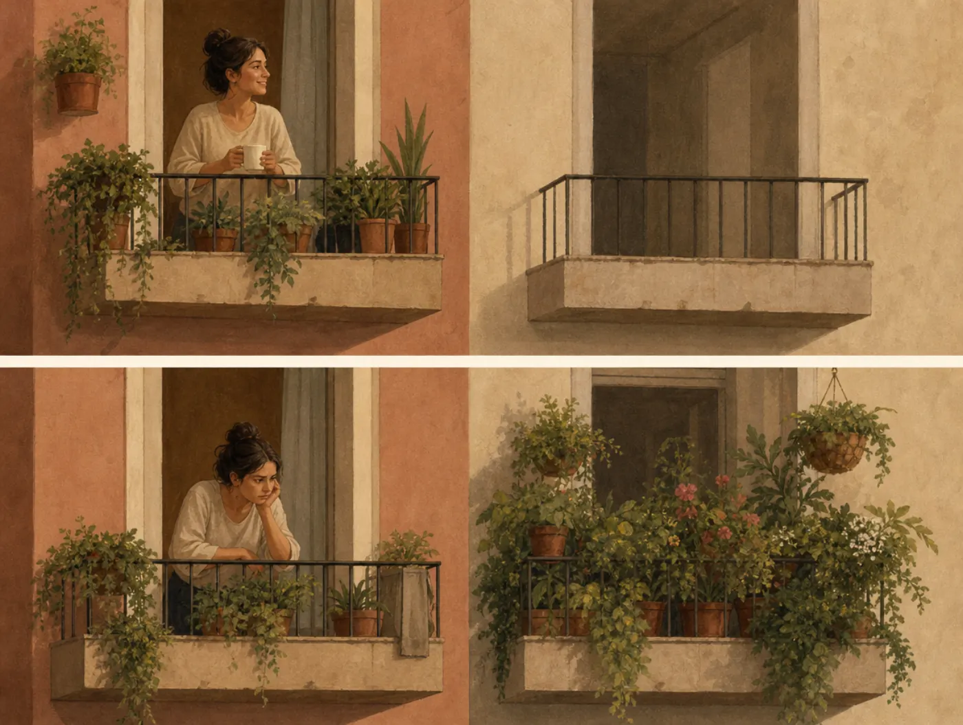 Social comparison effect: the same balcony, better or worse by its neighbor Two panels of one modest planted balcony: beside a bare neighboring balcony the woman sips coffee contentedly; beside a lush one she slumps.