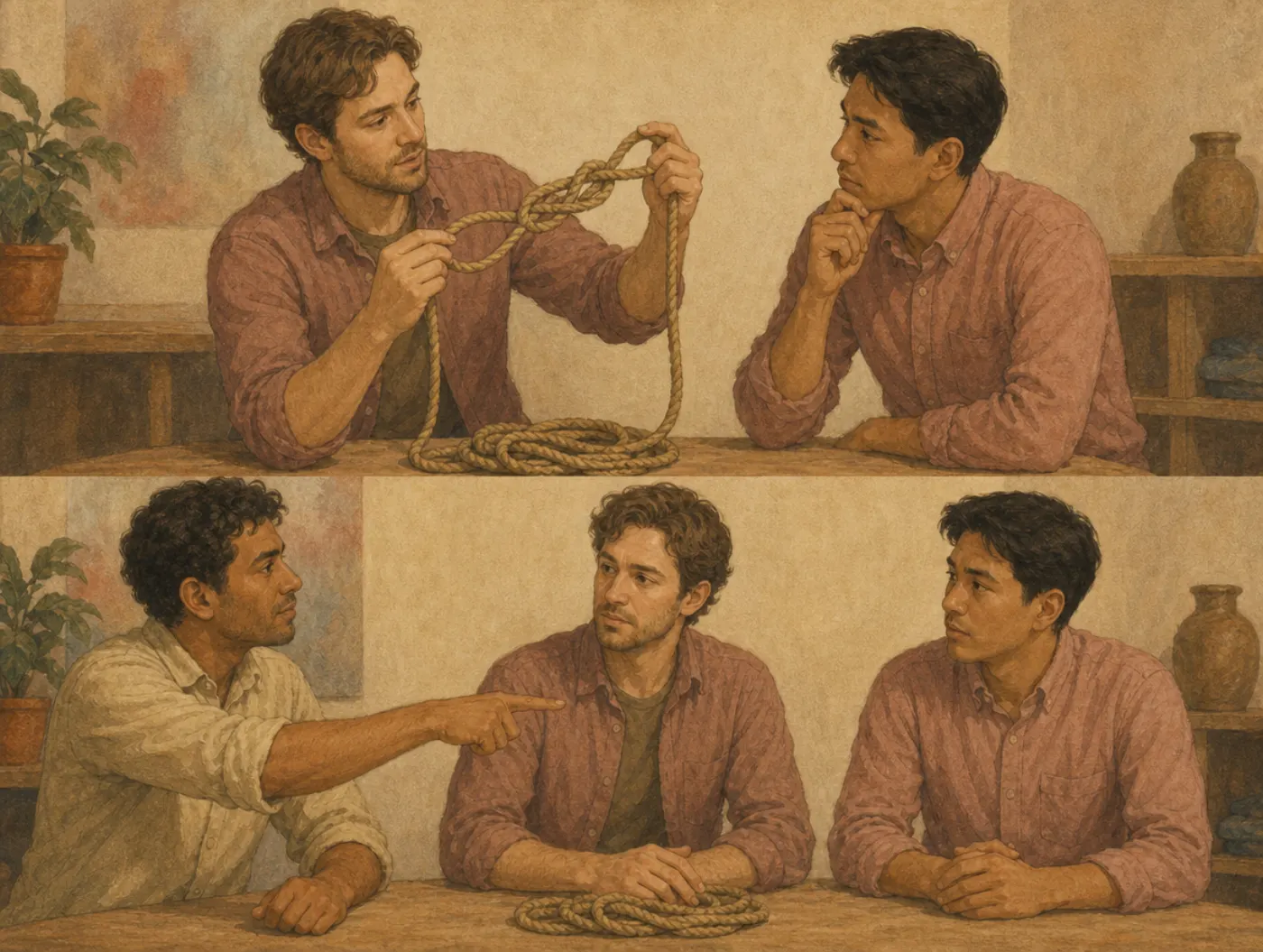 Two panels: one of two men in matching pink shirts shows a knot while the other watches; later a learner points at one of the look-alikes as the teacher.