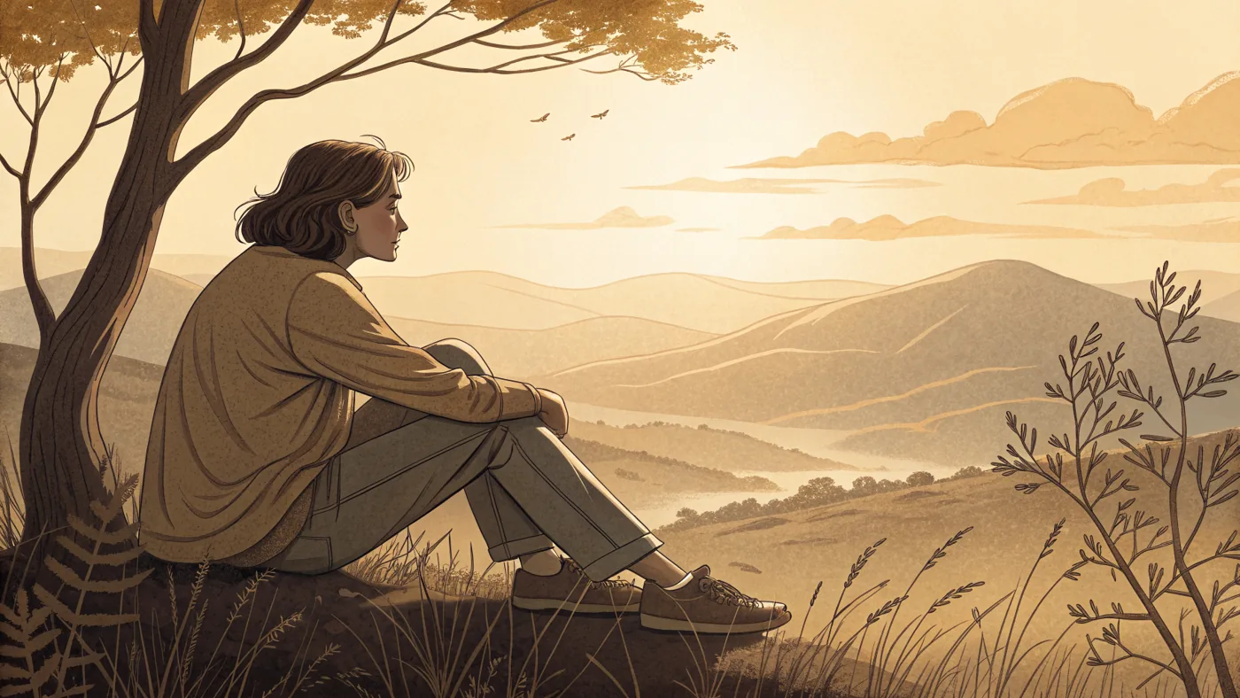 Illustration of a person reflecting on spirituality and meaning in calm golden-hour light