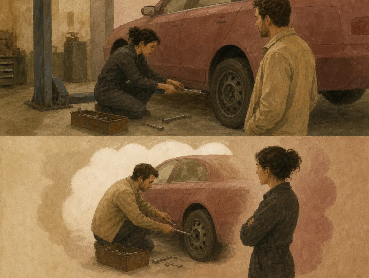 Stereotypical bias: memory hands the wrench to the man Two panels in a garage: a woman in overalls fixes a wheel while a man looks on; in a witness's soft-edged memory, the man repairs and she watches.