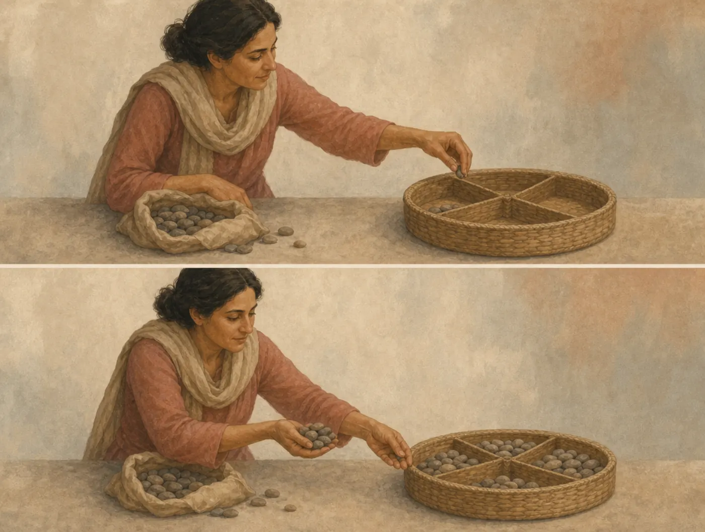 Subadditivity effect: the parts draw more than the whole Two panels: a woman drops one pebble into a compartmented basket judged as a whole; asked section by section, she brings a handful and each fills.