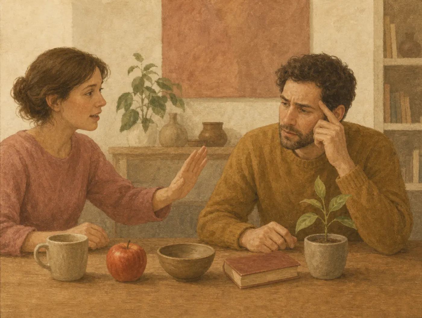 A man presses a finger to his temple, straining to repeat the list of objects on the table, as the woman who read it out adds one more offhand remark.