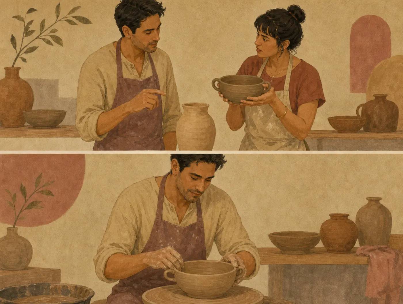 Suggestibility: her confident bowl becomes his own idea Two panels: a potter points hesitantly at a plain jug while his companion insists on a handled bowl; later, alone at the wheel, he shapes her bowl.