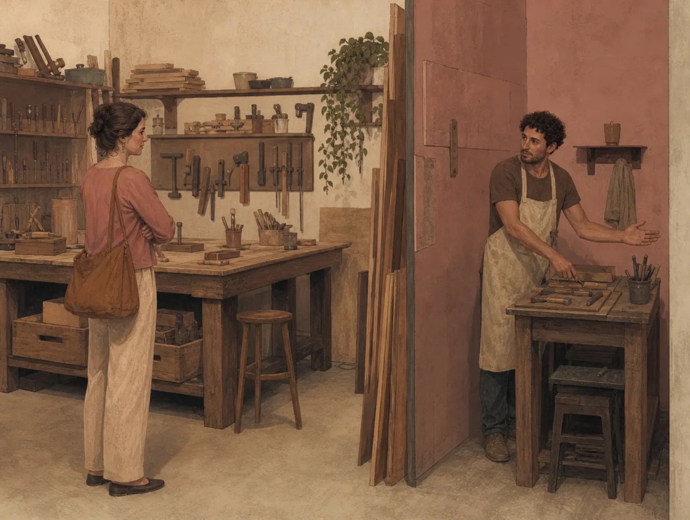 A visitor stands in a spacious, well-equipped workshop while, past a partition, a man at a tiny cramped bench gestures as if explaining why it is fine.