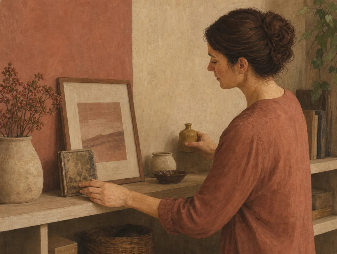 Telescoping effect: the old feels recent, the recent feels old A woman slides a worn, faded old picture close to the front of a shelf beside fresh objects, while holding a newer small jug back toward the rear.