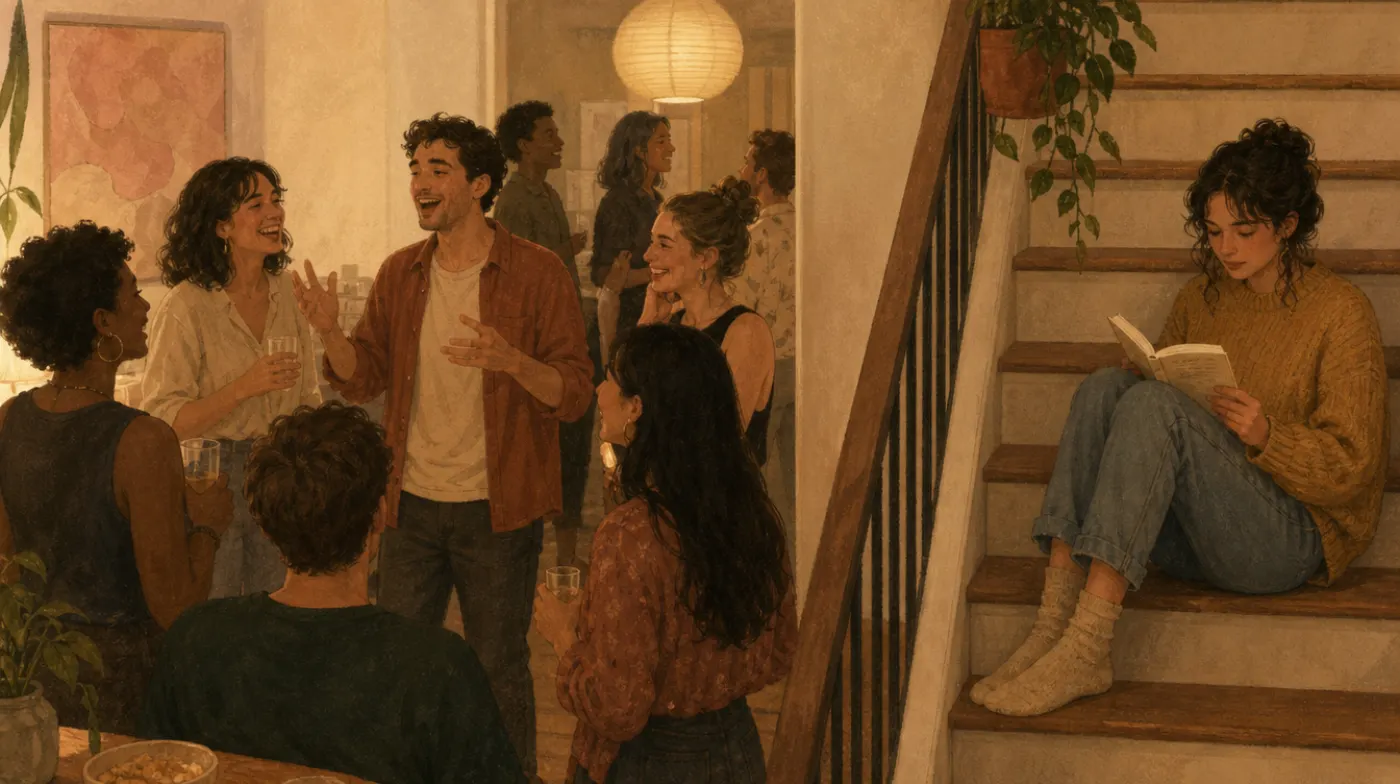 16 Personalities Test: one guest holds court in a party crowd while another reads alone on the stairs