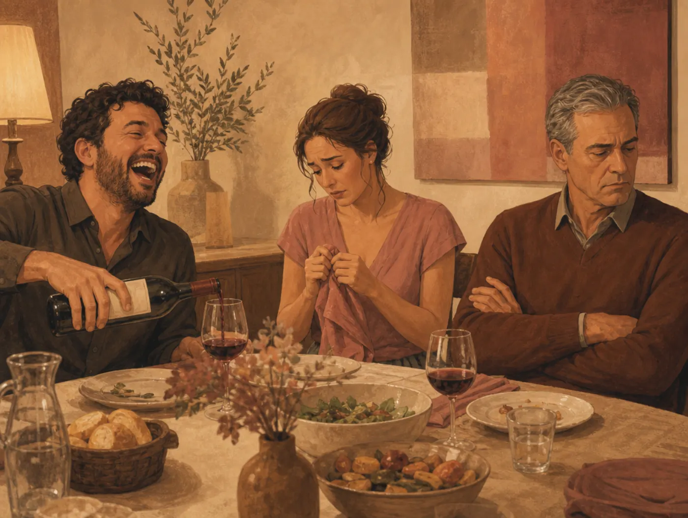 16 Personality Factors Test: guests at a dinner table show different ways of participating, with one laughing and pouring wine while another sits quietly.