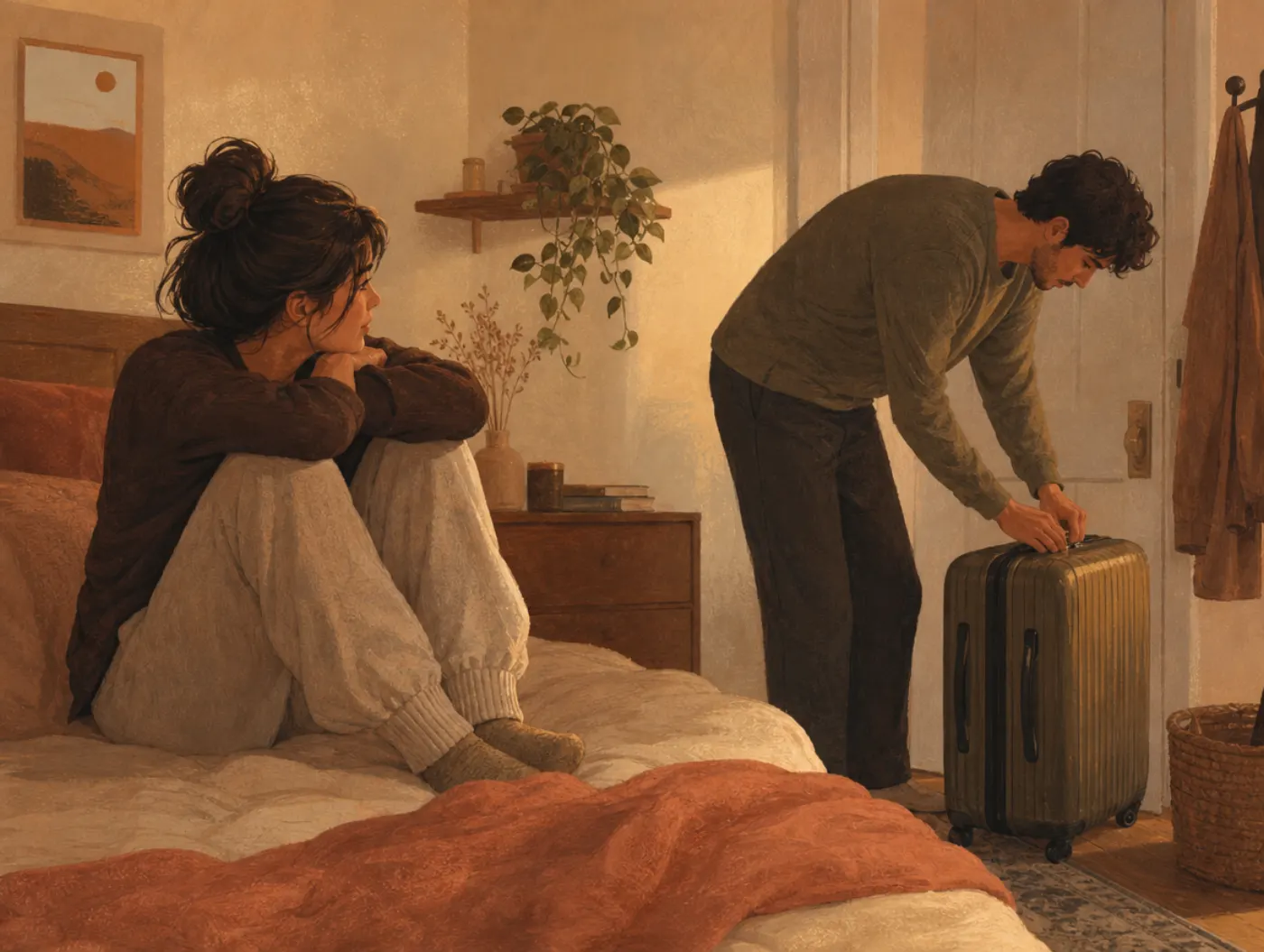 Abandonment Issues Test: person sitting on a bed watching a partner zip a suitcase by the door before leaving