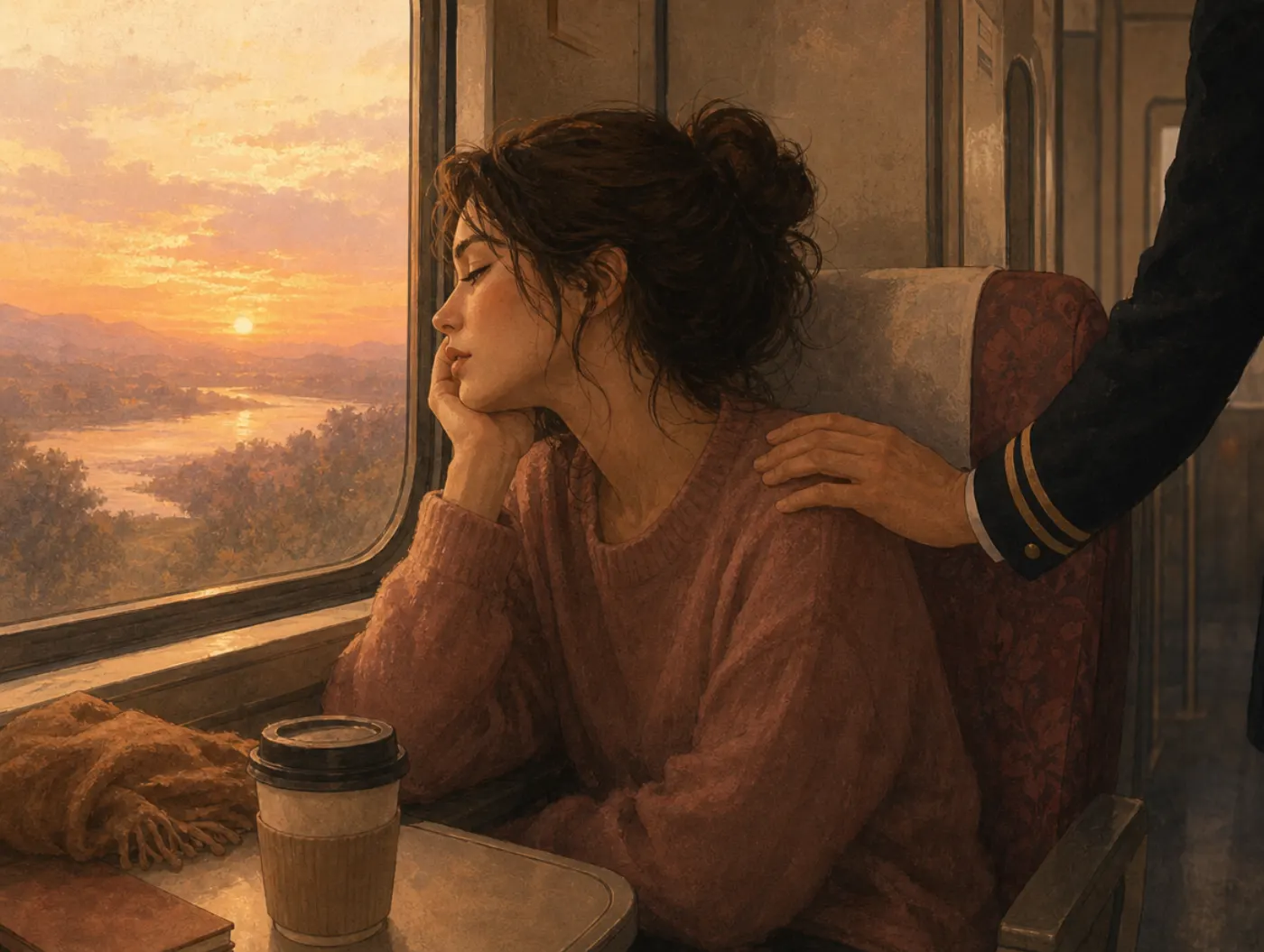 Absorption Test: How Deeply You Get Lost in Experience: a train passenger lost in a sunset, a hand rousing her
