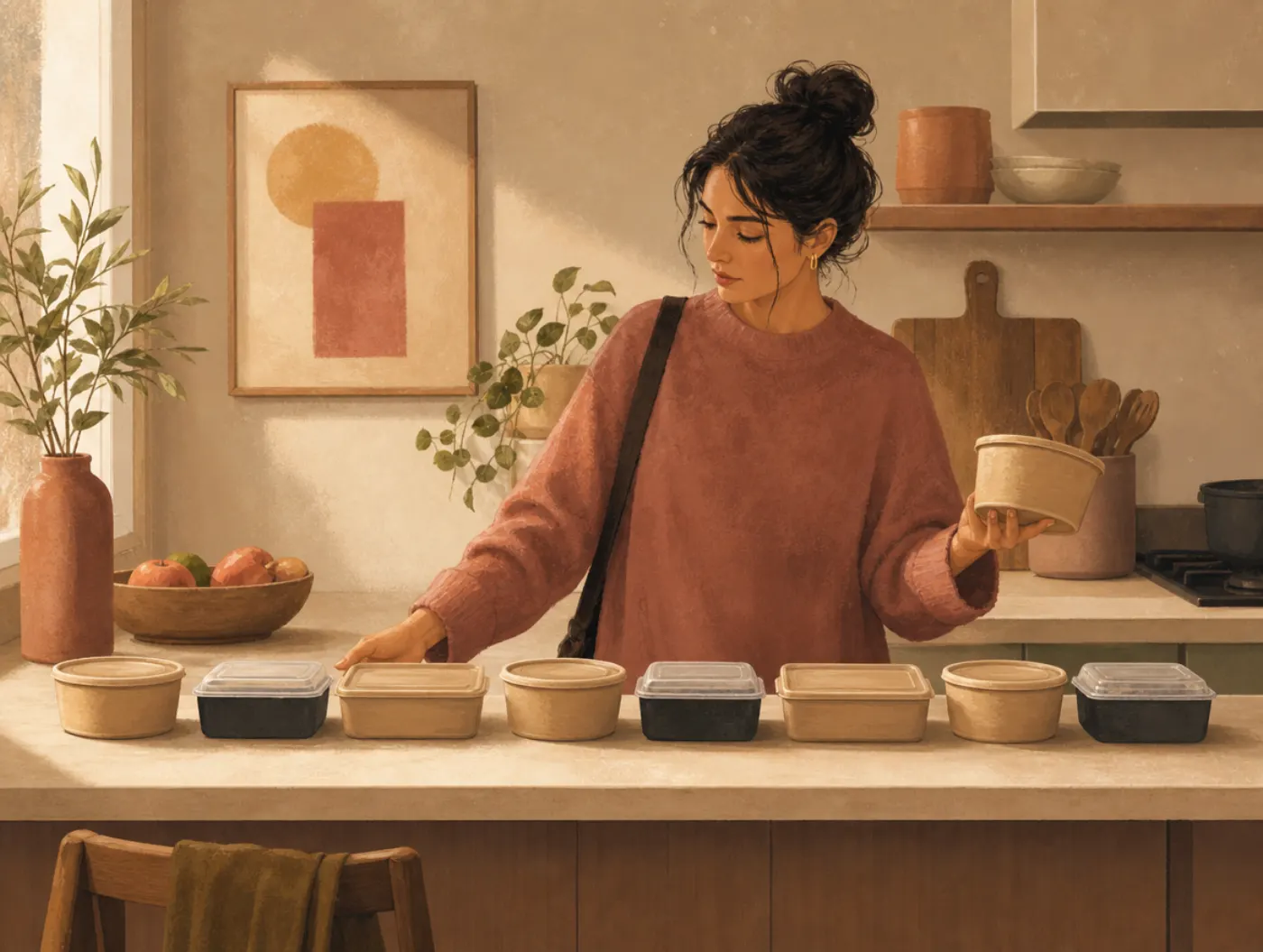 Abstract Reasoning Test: a person sorting takeout containers into a repeating size-and-shape sequence, pausing over one