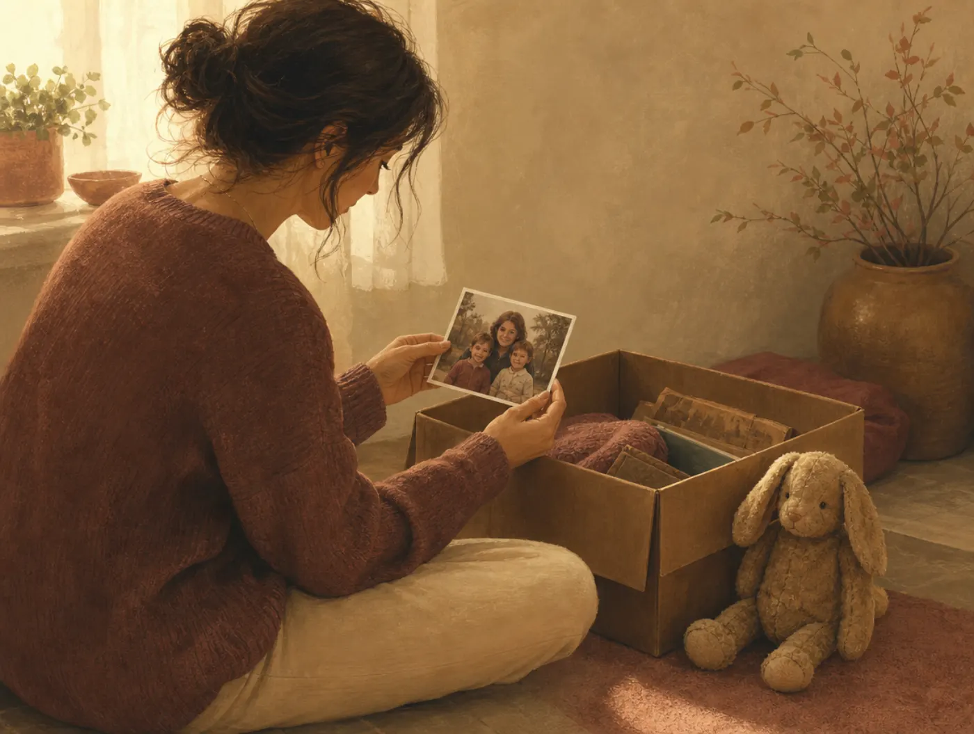 ACE Test: an adult sitting on the floor, thoughtfully looking through an old family photo and a worn childhood stuffed r