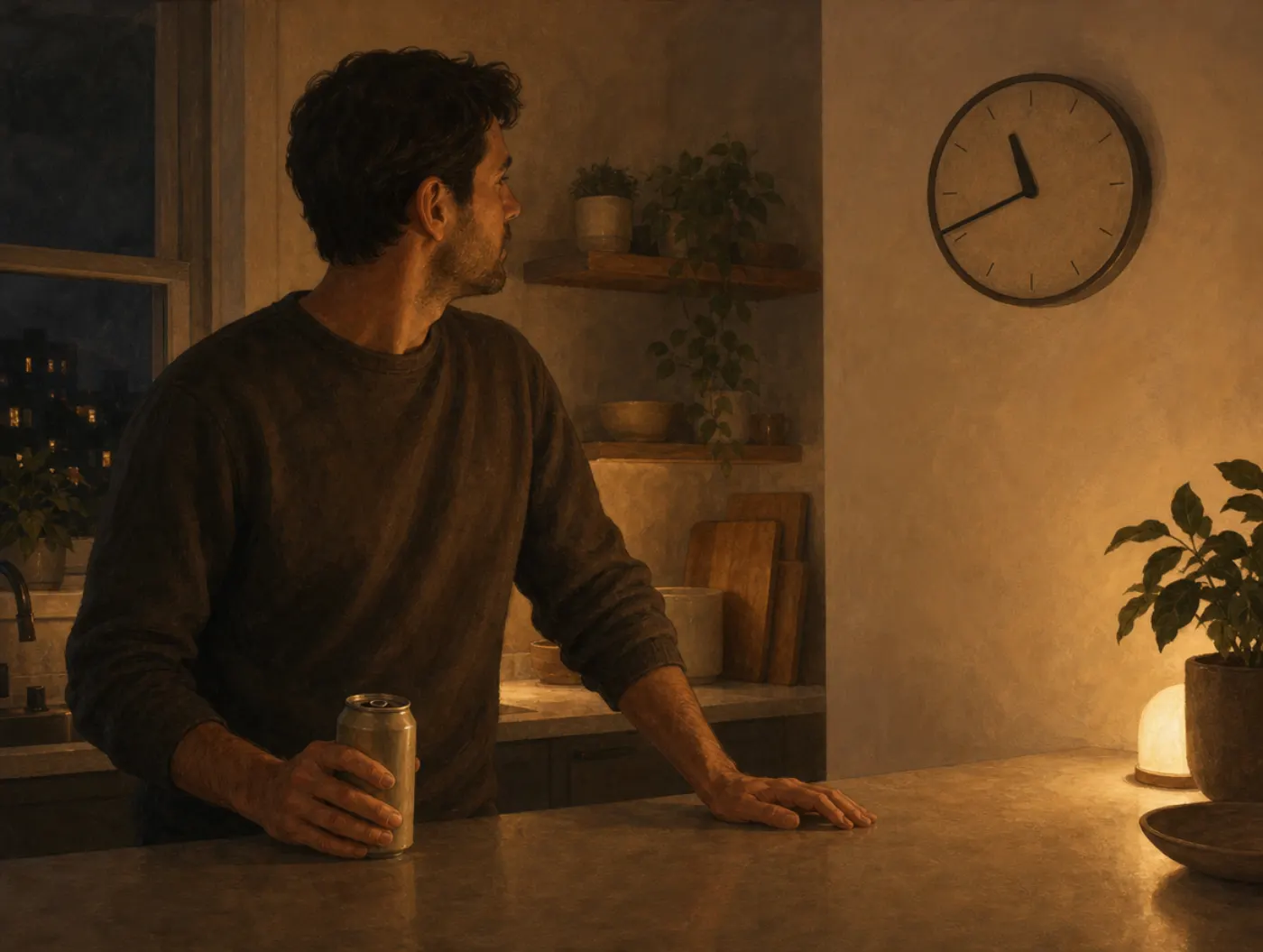 Addictive Personality Test: a tired man in a dim kitchen at night gripping a beer can, glancing at a wall clock