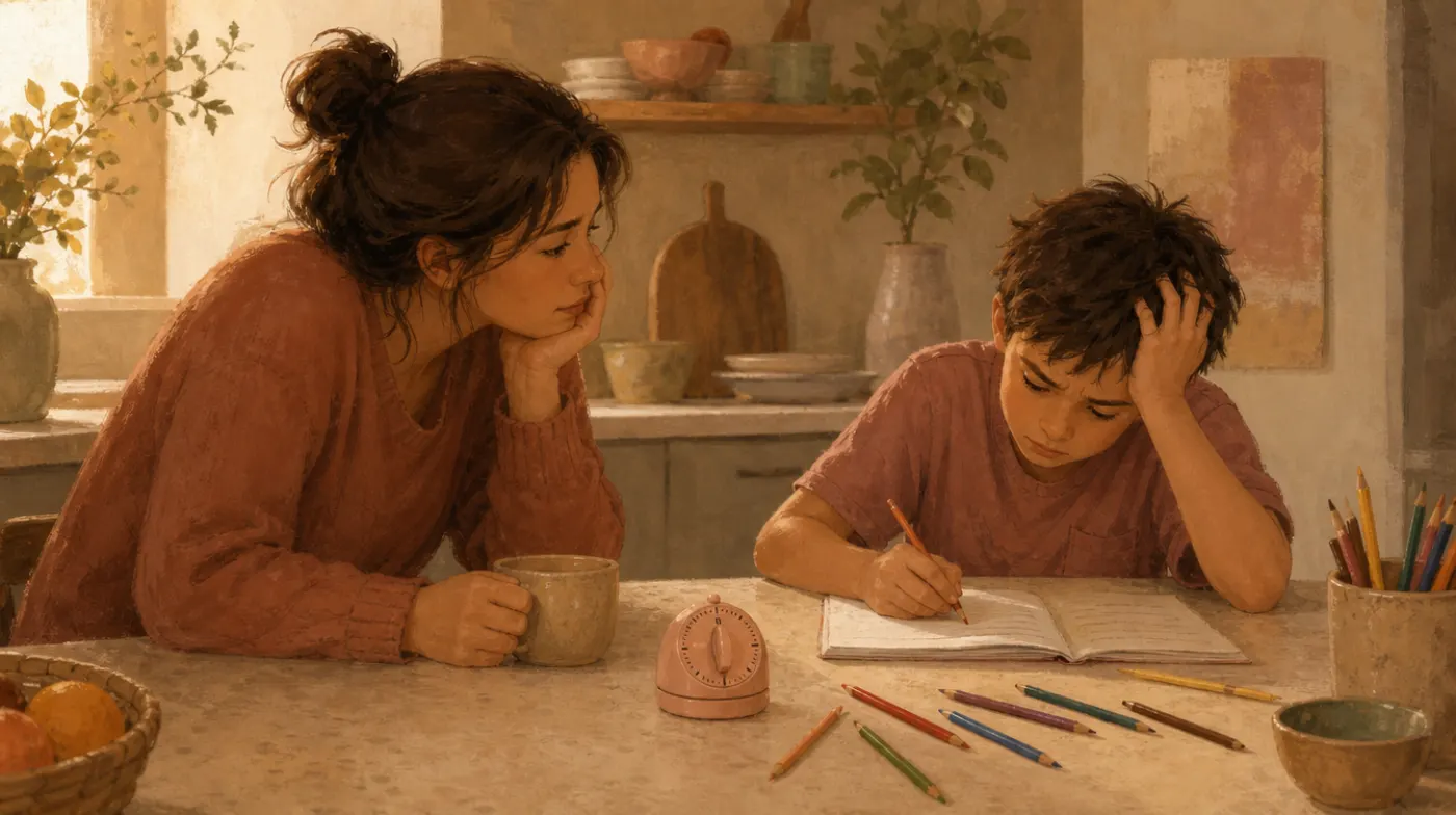 Child ADHD Test: a parent watching their child fidget over scattered homework, an unused kitchen timer on the table betw