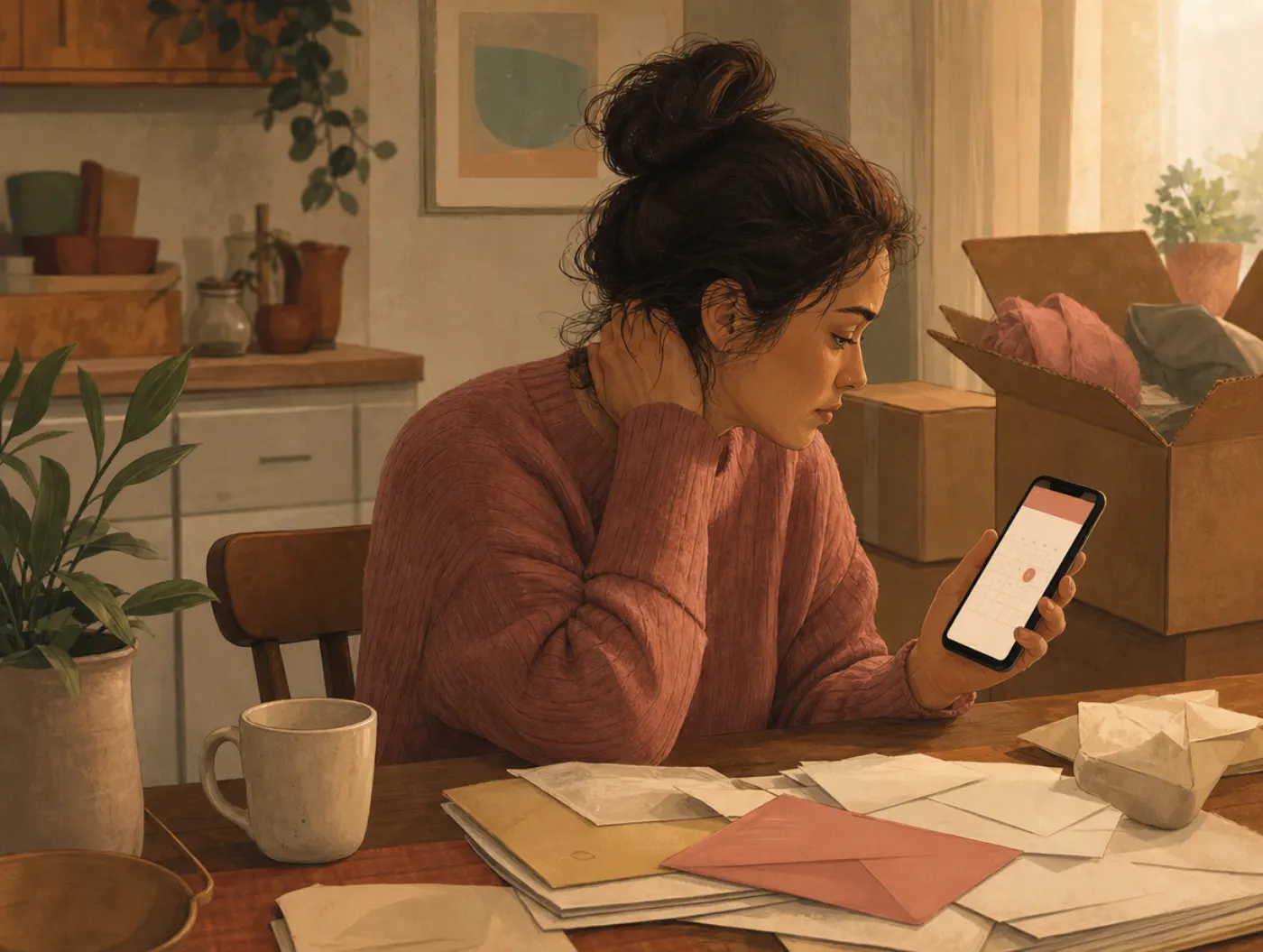 Adjustment Disorder Test: person at a kitchen table with unopened mail and a half-packed moving box, rubbing their neck