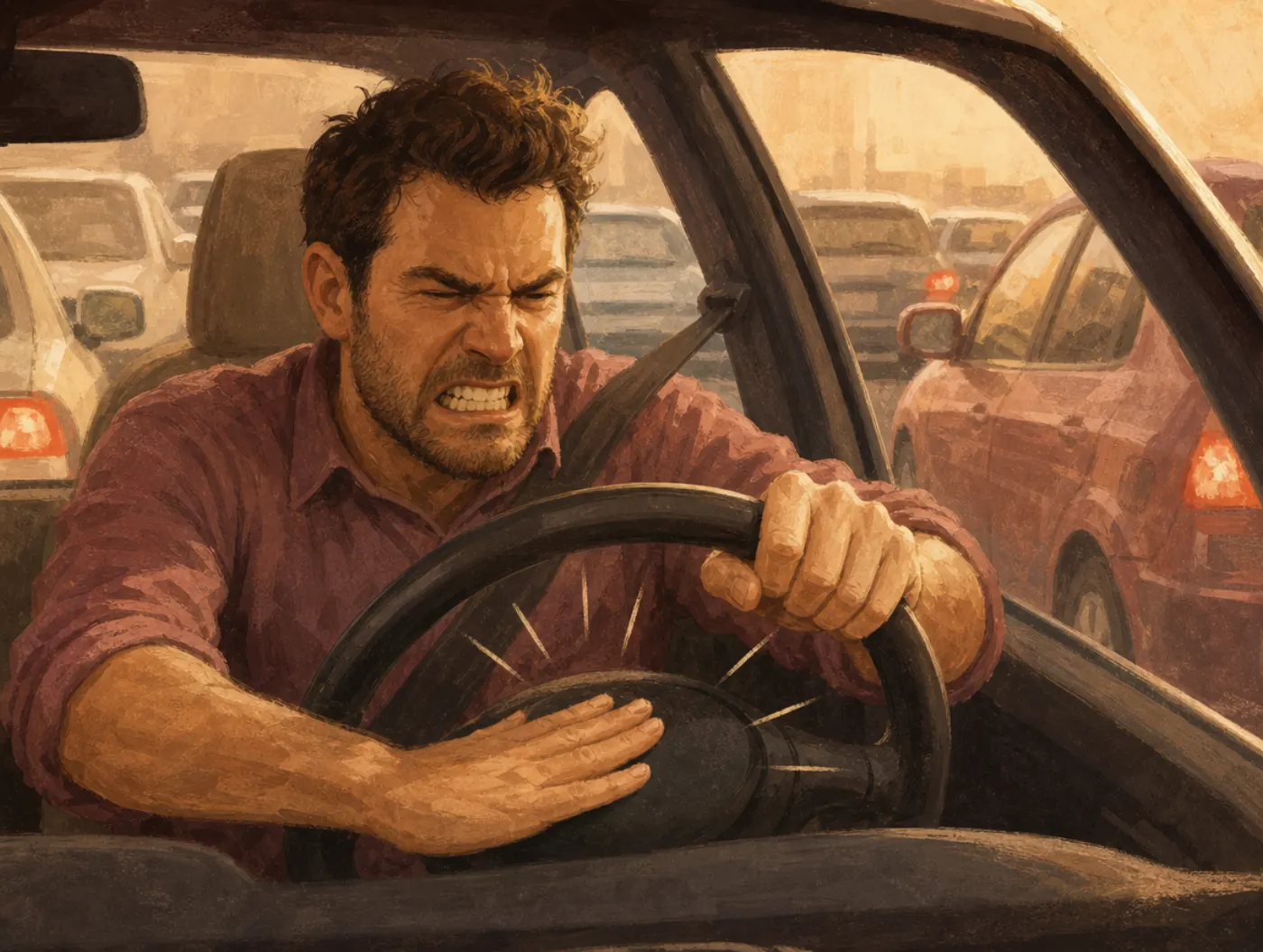 Aggression Test: Physical, Verbal, Anger and Hostility: a driver gripping the wheel, horn blaring