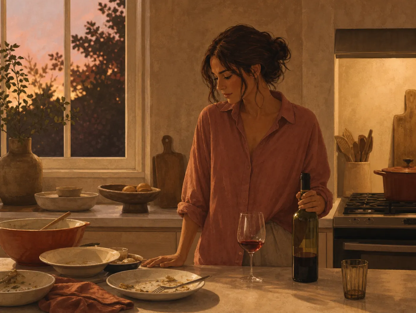 Alcohol Use Test: a person pausing mid-pour with a wine bottle and glass at a kitchen counter after dinner
