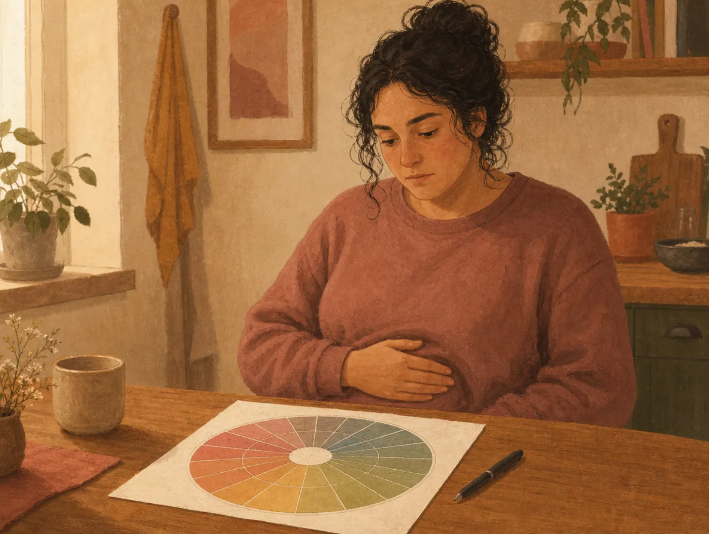 Alexithymia Test: person pressing a hand to their stomach, staring blankly at a feelings wheel chart