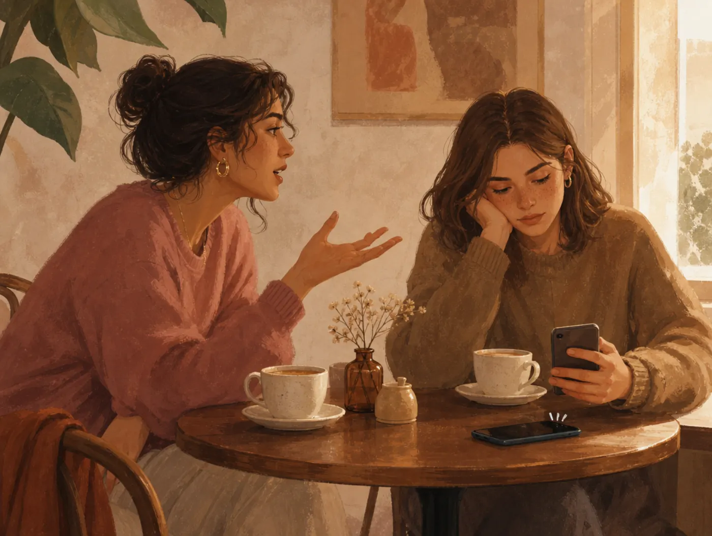 Am I Annoying? Quiz: two friends at a cafe table, one interrupting while the other checks a phone