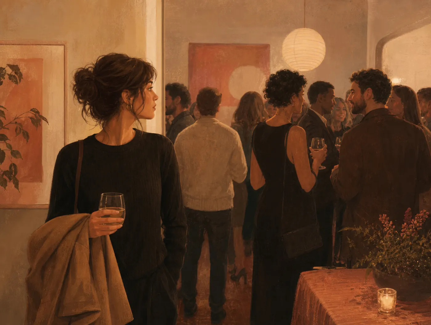 Am I Boring? Quiz: a guest stands apart from a lively dinner party, holding an untouched drink and carrying a coat while looking toward the exit.