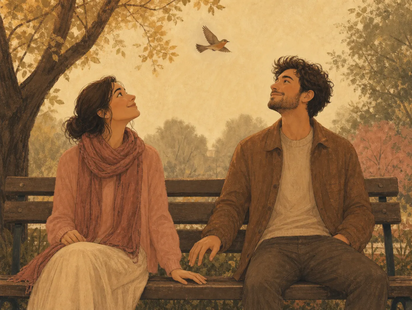 Am I in Love? Test: a couple on a park bench, hands almost touching, both watching a bird overhead instead of each other