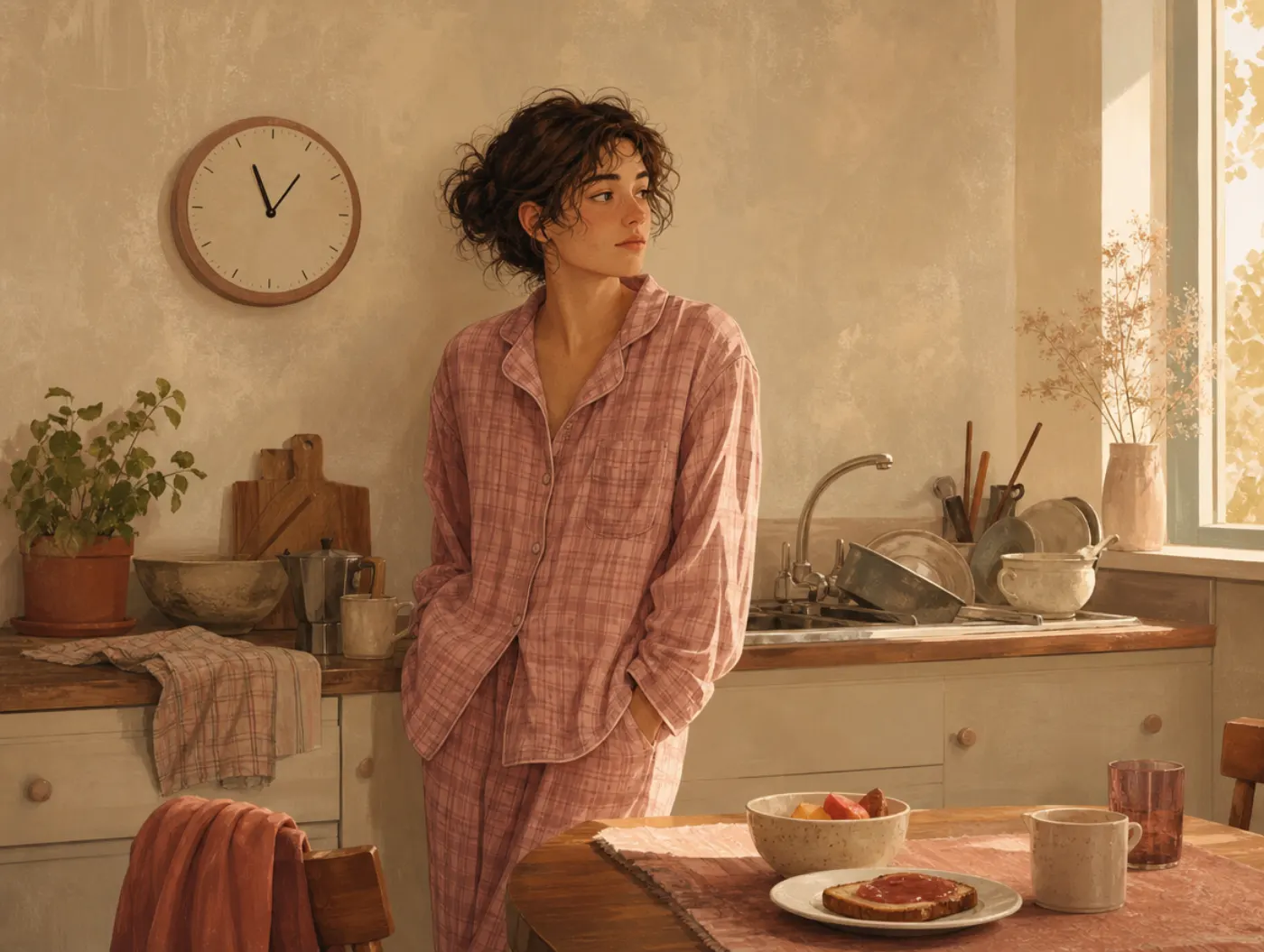 Am I Okay? Mental Health Check-In: a person in pajamas at midday, kitchen clock past 11, dishes piled in the sink