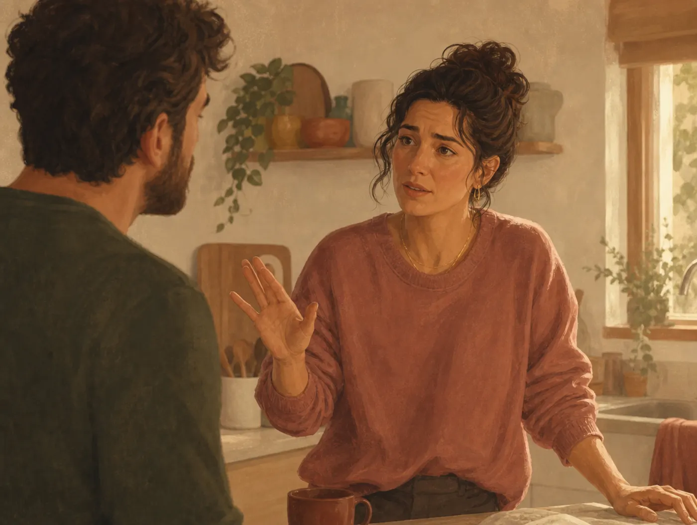 Am I the Problem? Relationship Self-Check: a person catching themselves mid-argument, softening before finishing a sharp