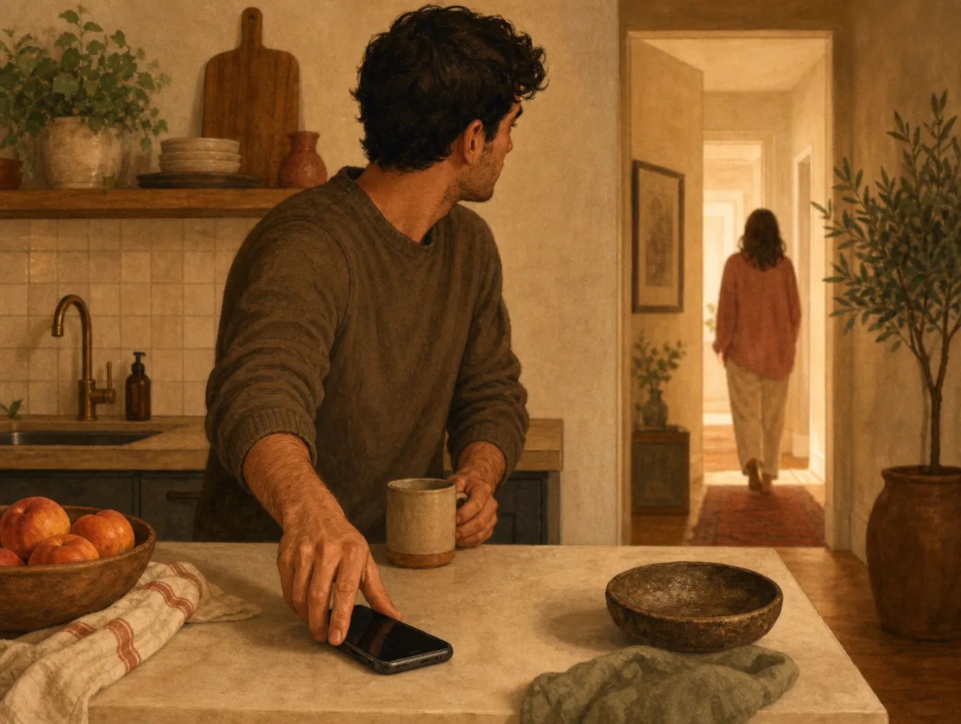 Am I Toxic Quiz: a partner secretly checking their significant other's phone at a kitchen counter