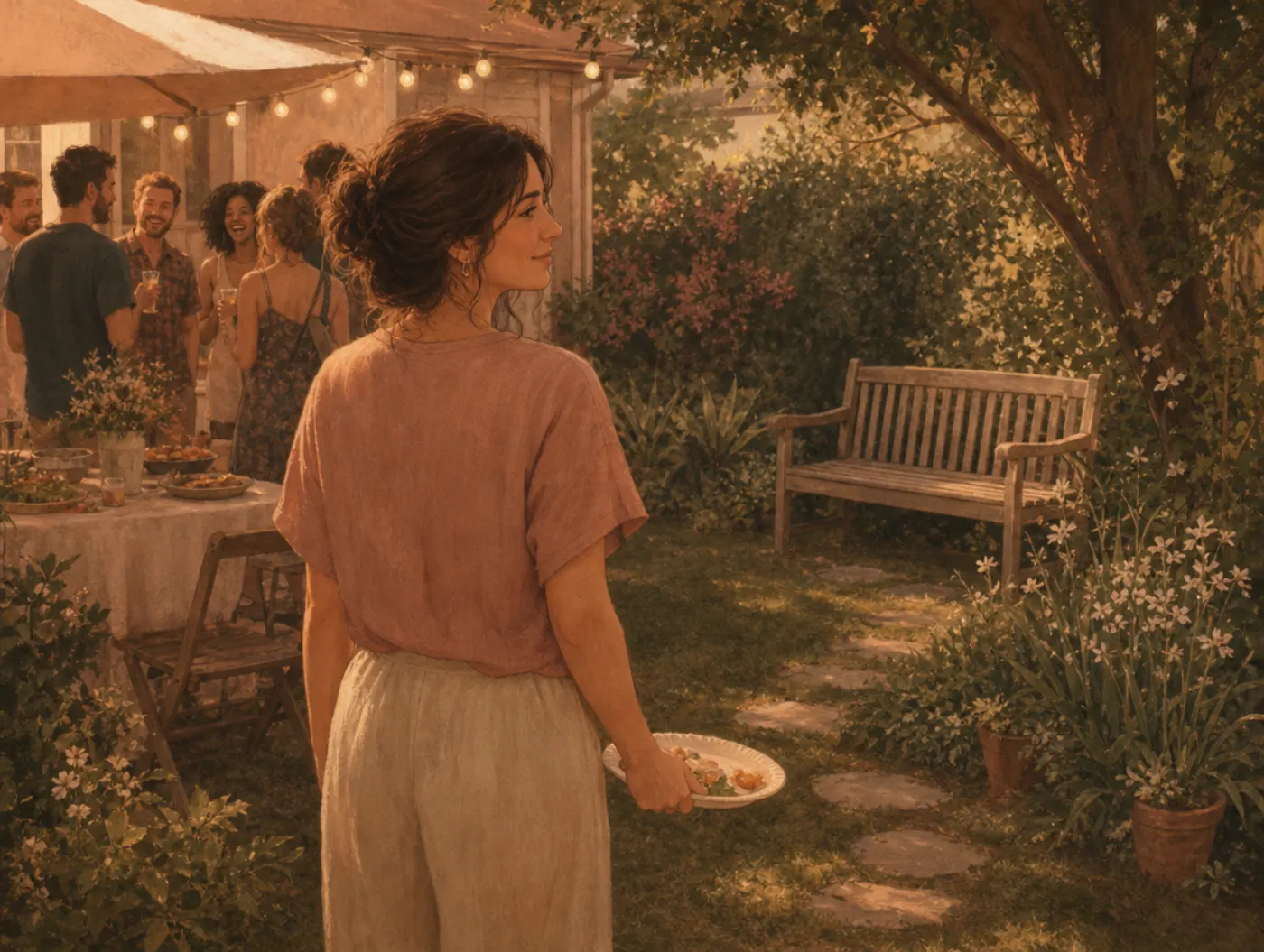 Ambivert Test: Am I an Ambivert?: a woman at a backyard party, half turned toward the crowd, half toward a quiet bench