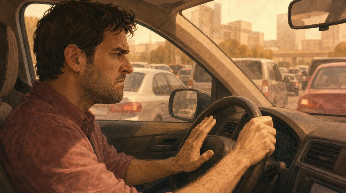 Anger Issues Test: a driver in traffic gripping the wheel, knuckles white, hand hovering near the horn