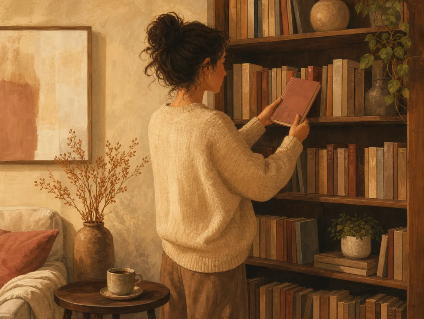 Anhedonia Test: adult holding a once-favorite book without opening it, coffee cooling untouched nearby