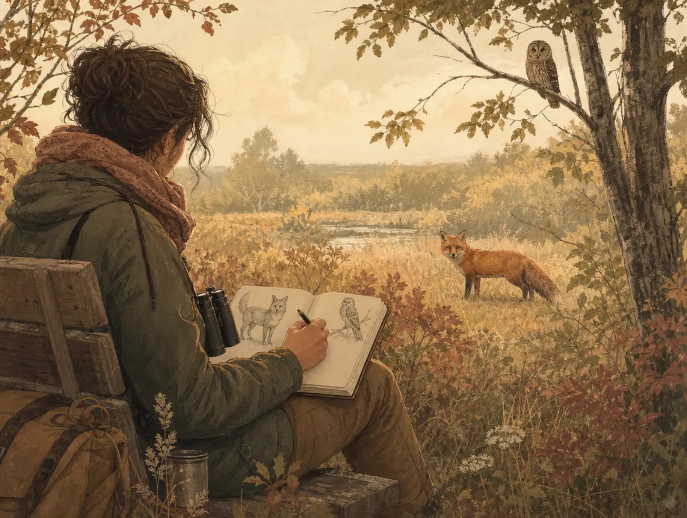 Animal Personality Test: a naturalist journaling wildlife behavior on a park bench, binoculars around their neck, a fox