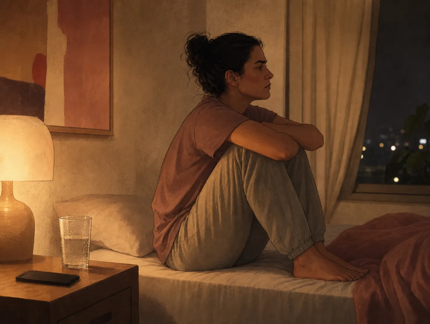 Anxiety Test: a person sitting tense on the edge of a bed at night, knees hugged to chest, phone face-down on the nights