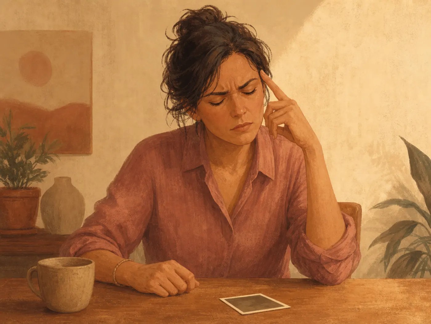 Aphantasia Test: adult with eyes closed straining to recall a photo turned face-down beside them